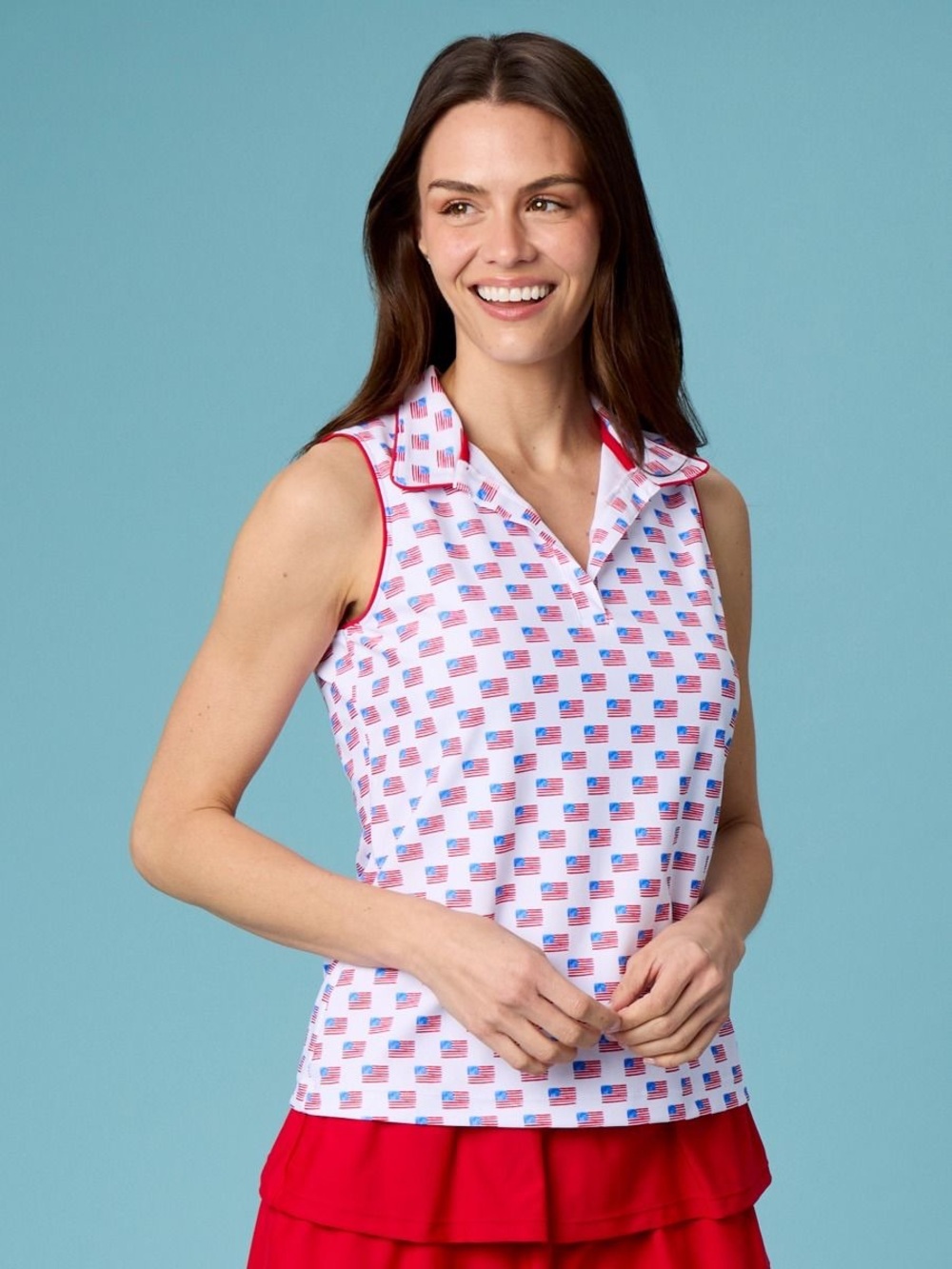 RuffleButts Freedom Flag Women's Sleeveless Polo Active Top NWT - Picture 3 of 5